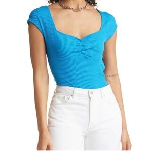 HALOGEN NWOT Blue Fitted Textured Blouse with Ruched Details